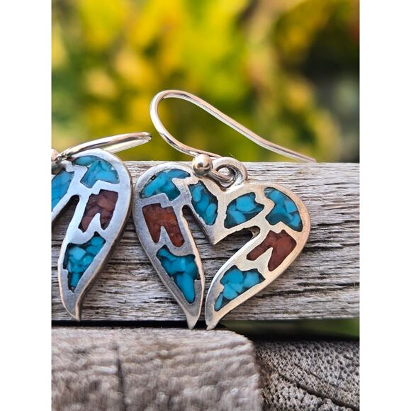 Vintage Sterling Silver Turquoise & Red Coral Inlay Heart Shaped Dangle Earrings - Picture 4 of 6